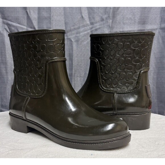 Coach Signature C Women’s Rubber Rain Boots Dark Olive Black Size 8 - Picture 1 of 12